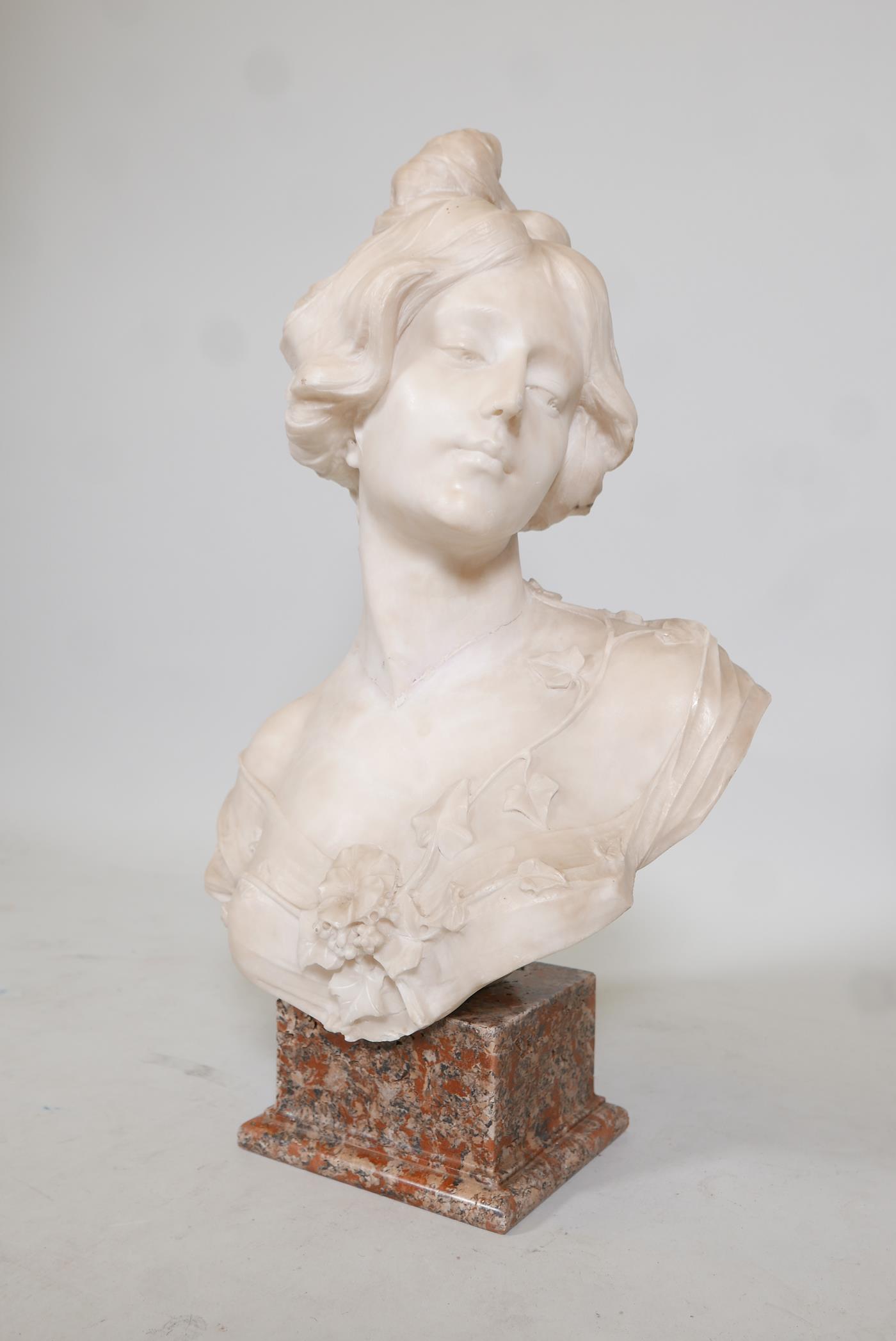 Julien Caussé, an Art Nouveau carved alabaster bust of a woman with a garland of ivy, signed Julien, - Image 2 of 7