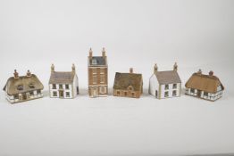 Six Denby village cottages, largest 6" high