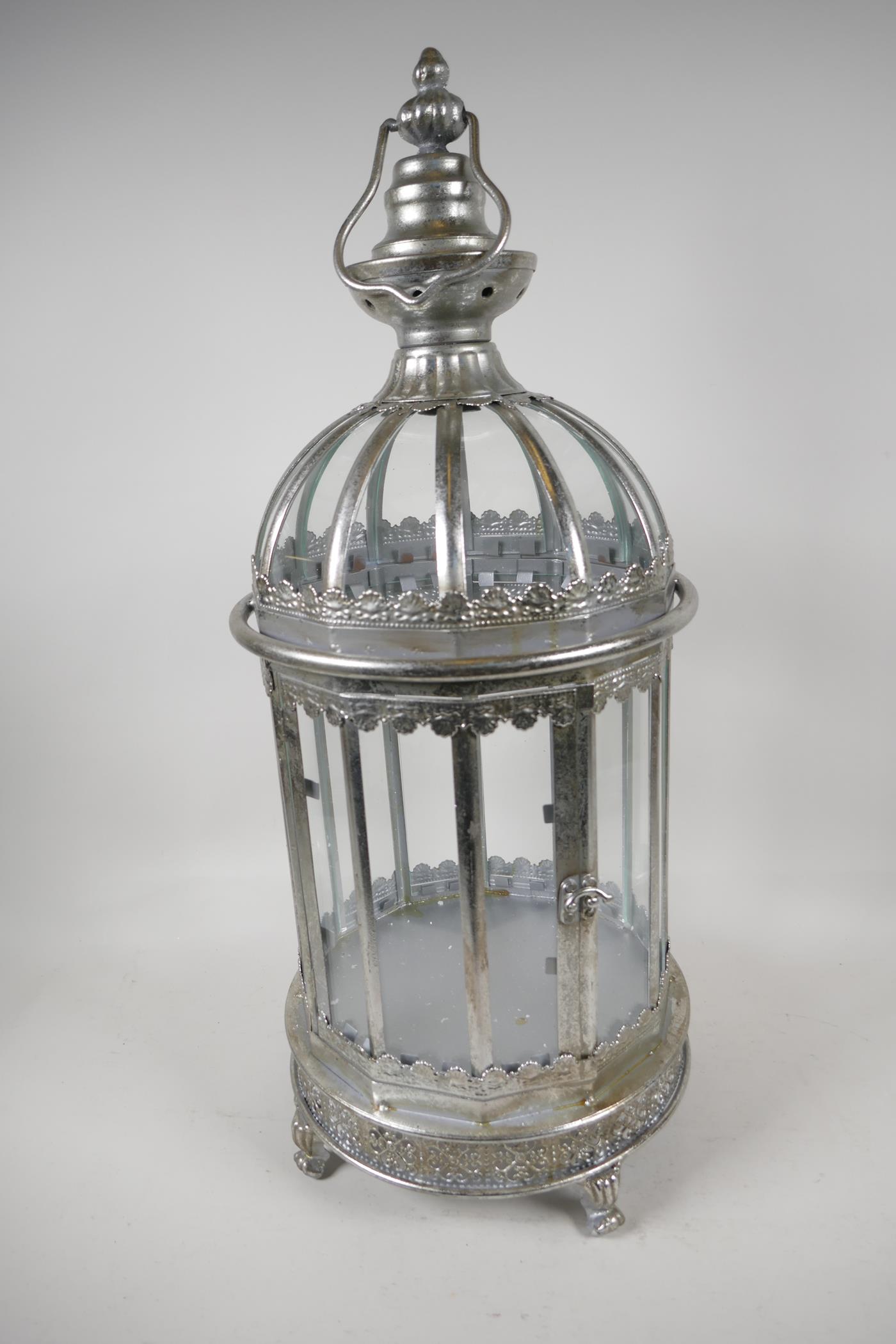 A silver plated, metal & glass cylindrical garden lantern, 24" high - Image 2 of 2