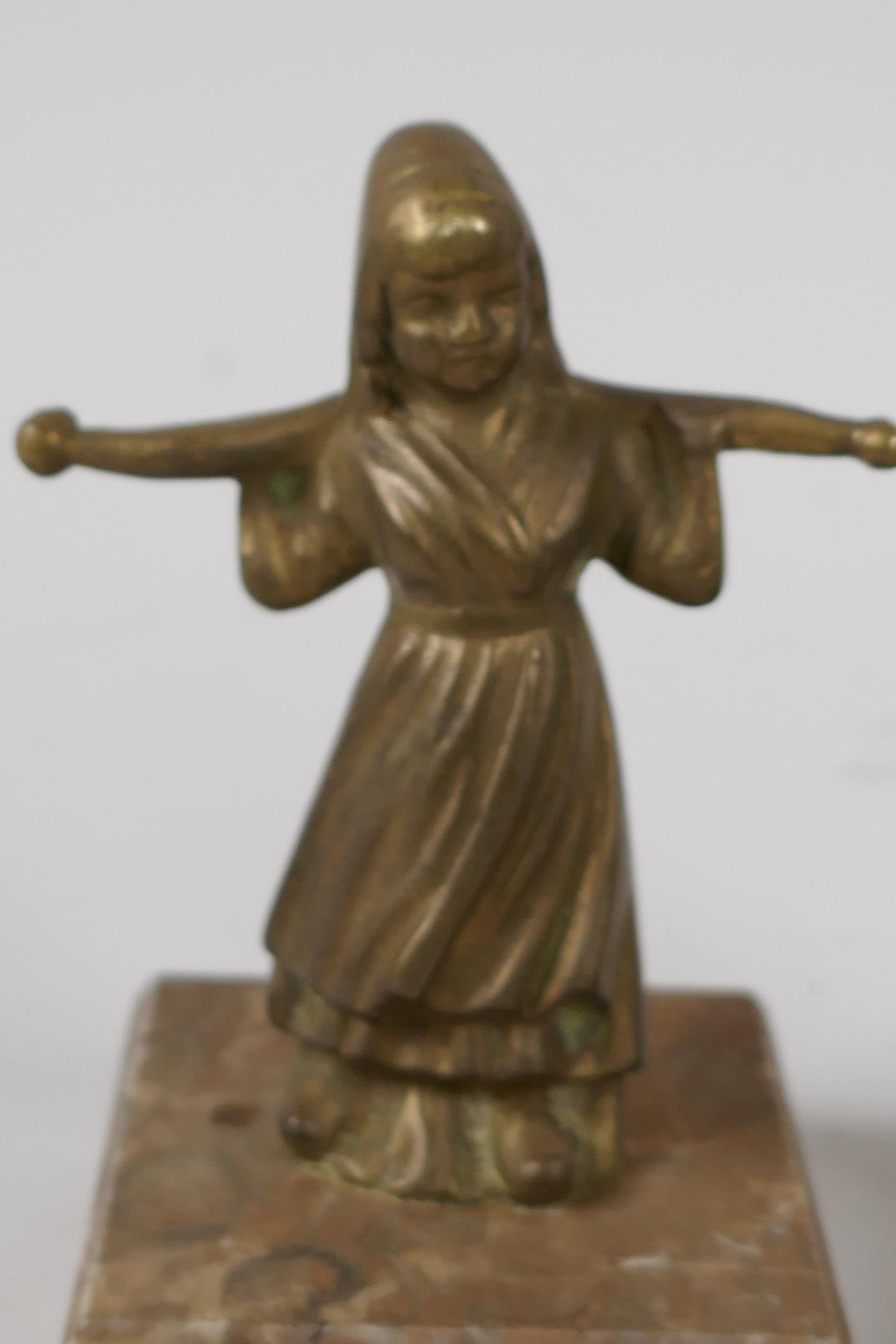 Two small brass/bronze figurines of Dutch Children, carrying yokes on their shoulders, mounted on - Image 3 of 3