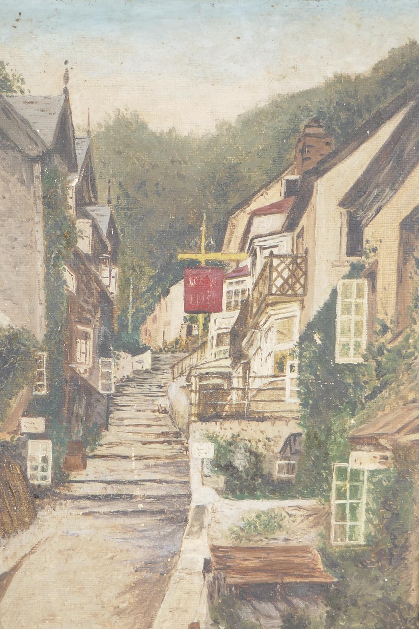 Steps through a village street, oil on panel, 7½" x 11½"