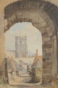 A view of a church through an arch, indistinctly signed, C19th watercolour, 7" x 10"