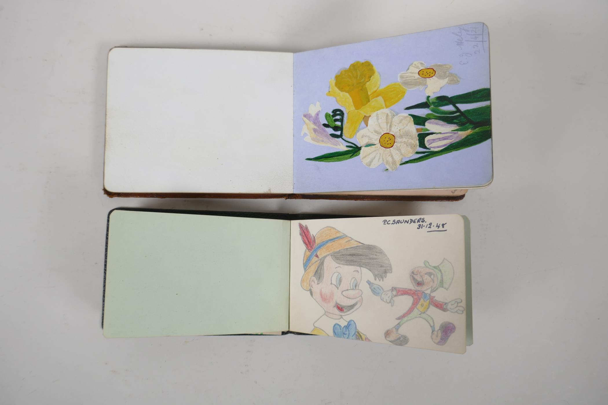 Two early to mid C20th autograph albums containing sketches, watercolours and oils, largest 5½" x