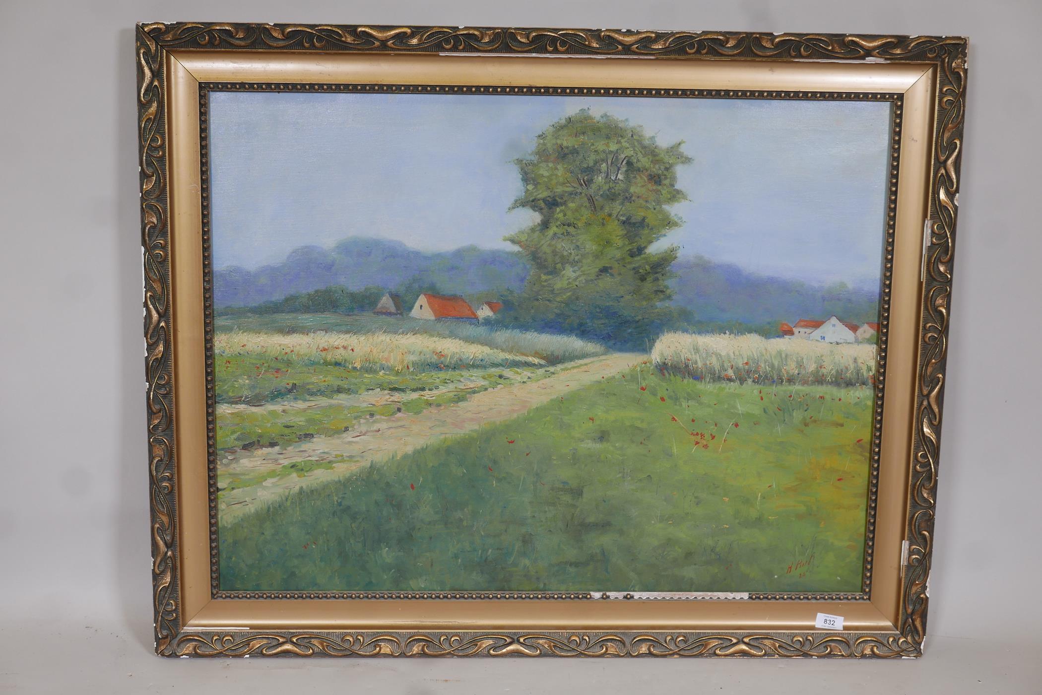 H. Pinto, Continental landscape with farm buildings, signed and dated (19) 26, oil on canvas, 36" - Image 3 of 4