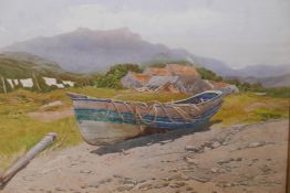 G. Hodgson, Coble at Runswick, Yorkshire, watercolour, signed and inscribed verso, 21" x 14