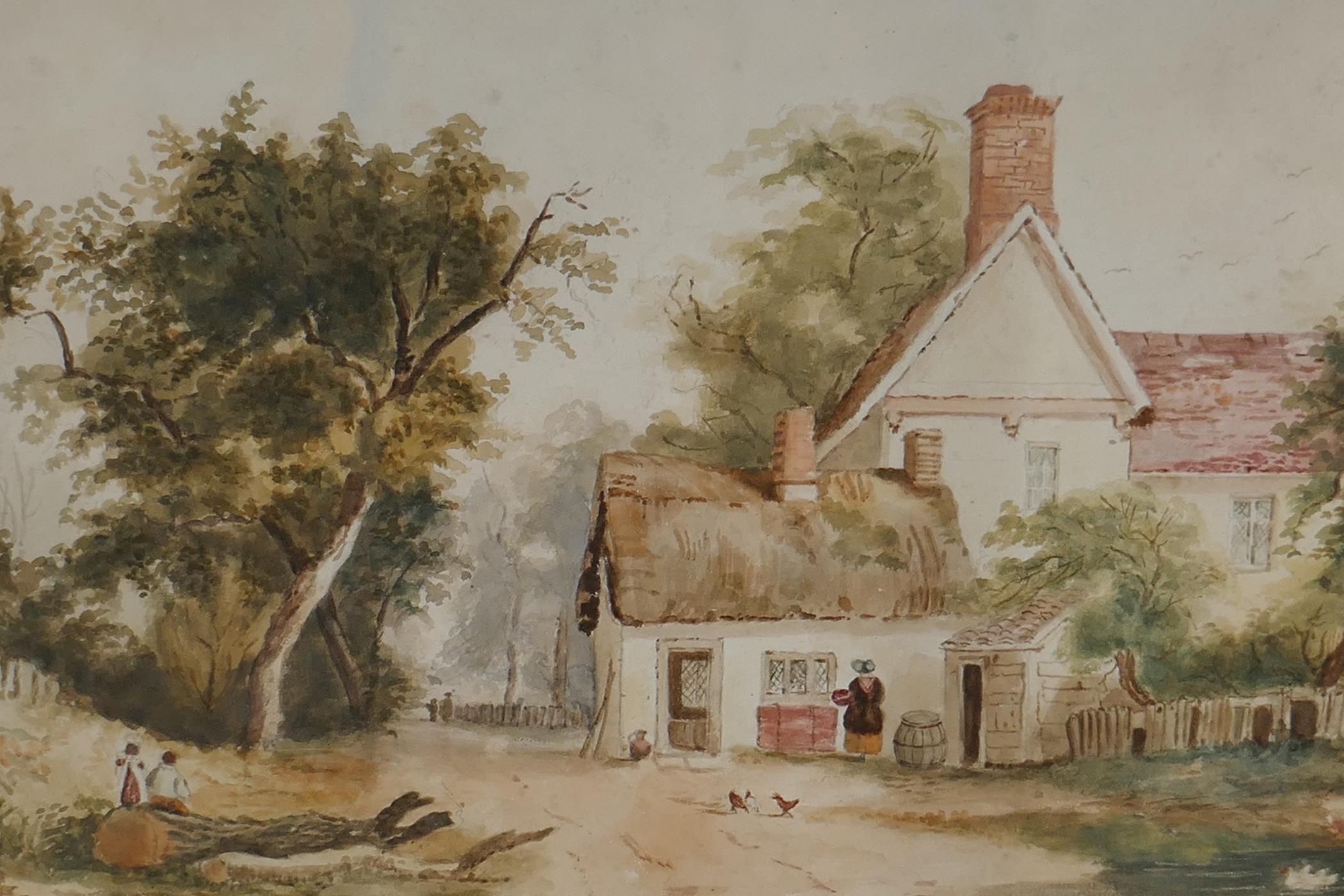 Farmhouse by a country lane, C19th naive watercolour, 15" x 9"