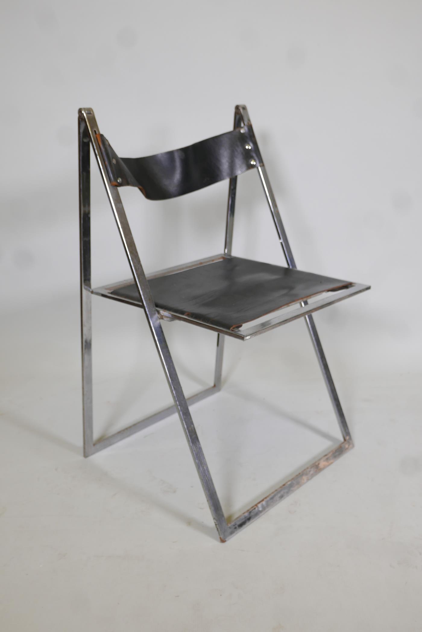 A pair of Italian mid century Elios chrome & leather folding chairs, designed by Fontoni & Geraci, - Image 3 of 6