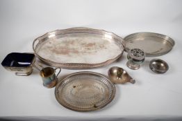 A Sheffield plated oval gallery tray with pierced gallery, 18" x 12", a quantity of silver plated