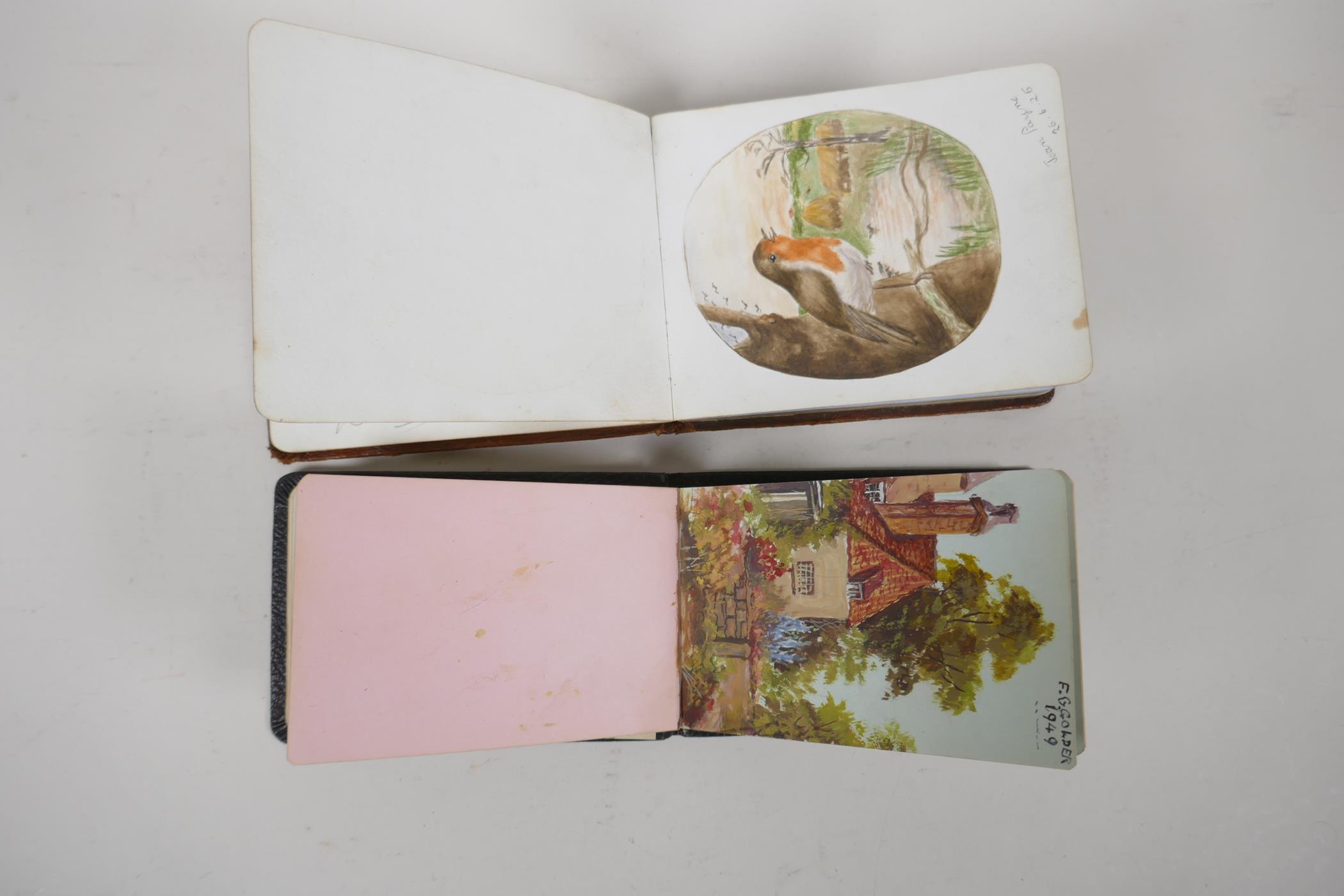 Two early to mid C20th autograph albums containing sketches, watercolours and oils, largest 5½" x - Image 2 of 5
