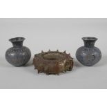 A pair of Persian Bidri style vases & a metal cash, (slave bangle), 2½" high