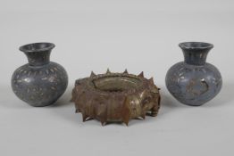 A pair of Persian Bidri style vases & a metal cash, (slave bangle), 2½" high