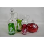 A Cranberry glass powder box decorated in the Mary Gregory style, with another five glass items with