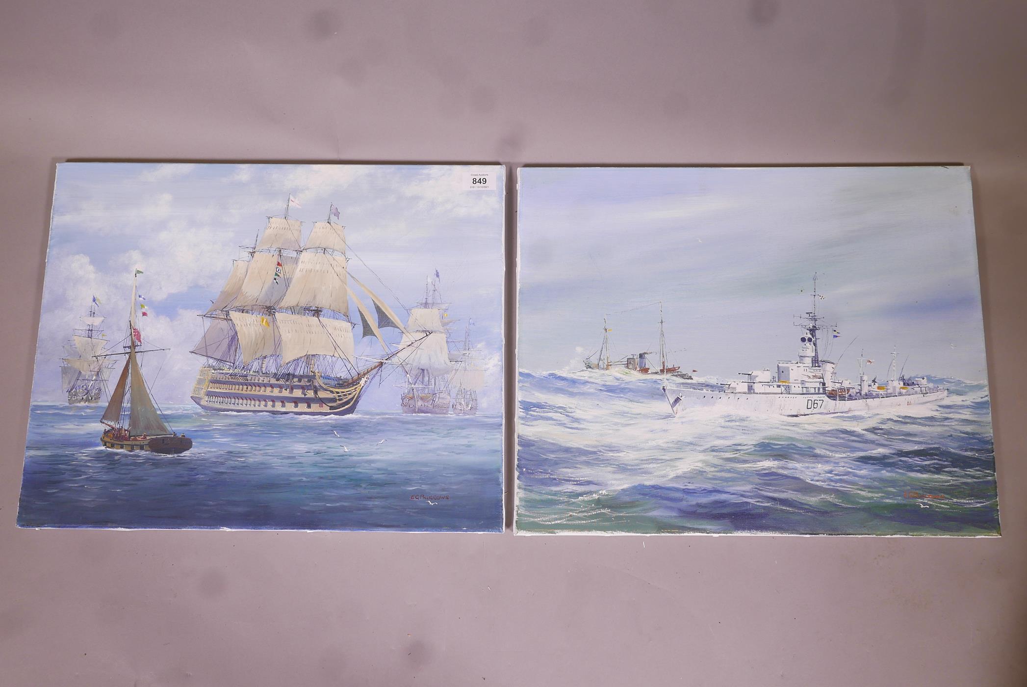 E.G. Burrows, British Naval battleships of the C19th and C20th, a pair of oils on canvas, signed, - Image 4 of 7