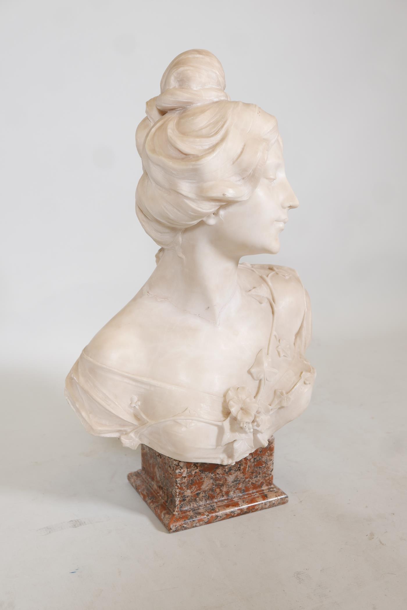 Julien Caussé, an Art Nouveau carved alabaster bust of a woman with a garland of ivy, signed Julien, - Image 6 of 7