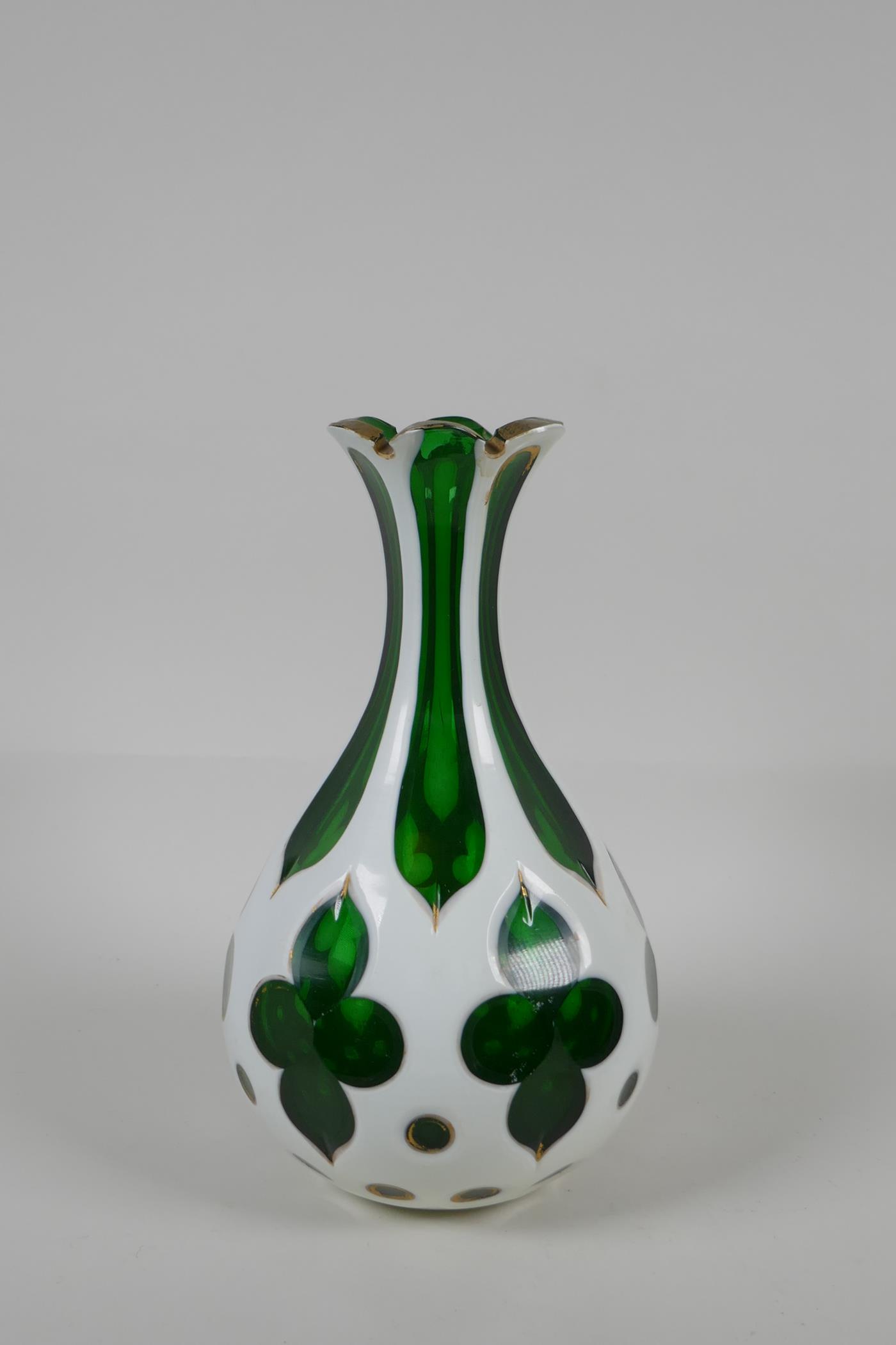 A Bohemian overlaid green glass vase with gilt details, 8½" high - Image 2 of 4