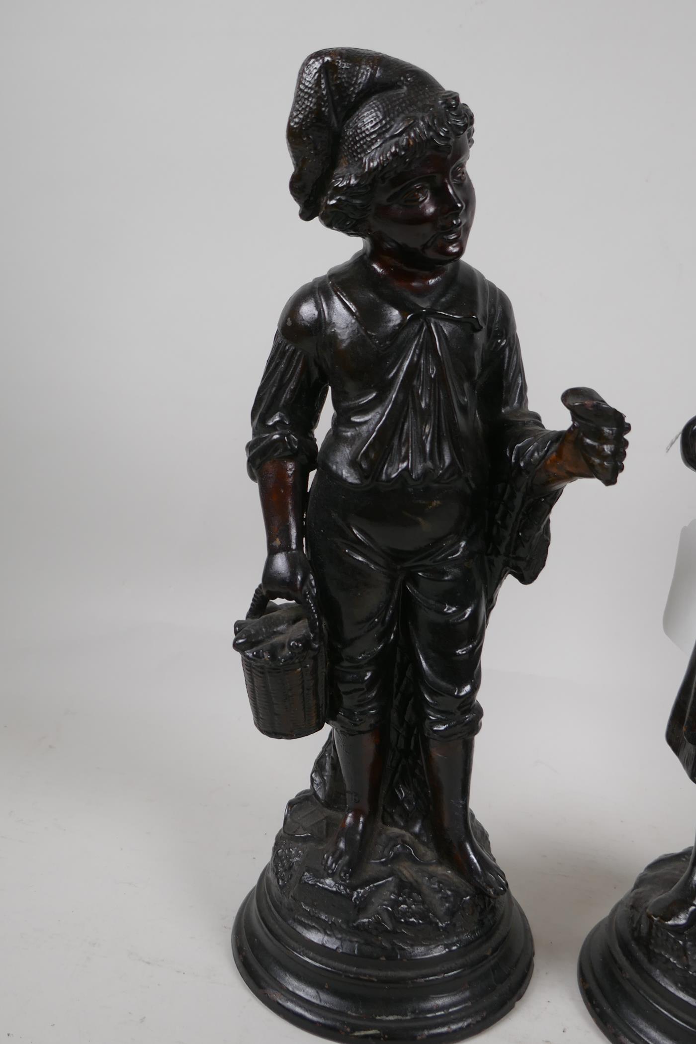 A pair of French terracotta figurines of a peasant man and woman, 13" high - Image 2 of 4