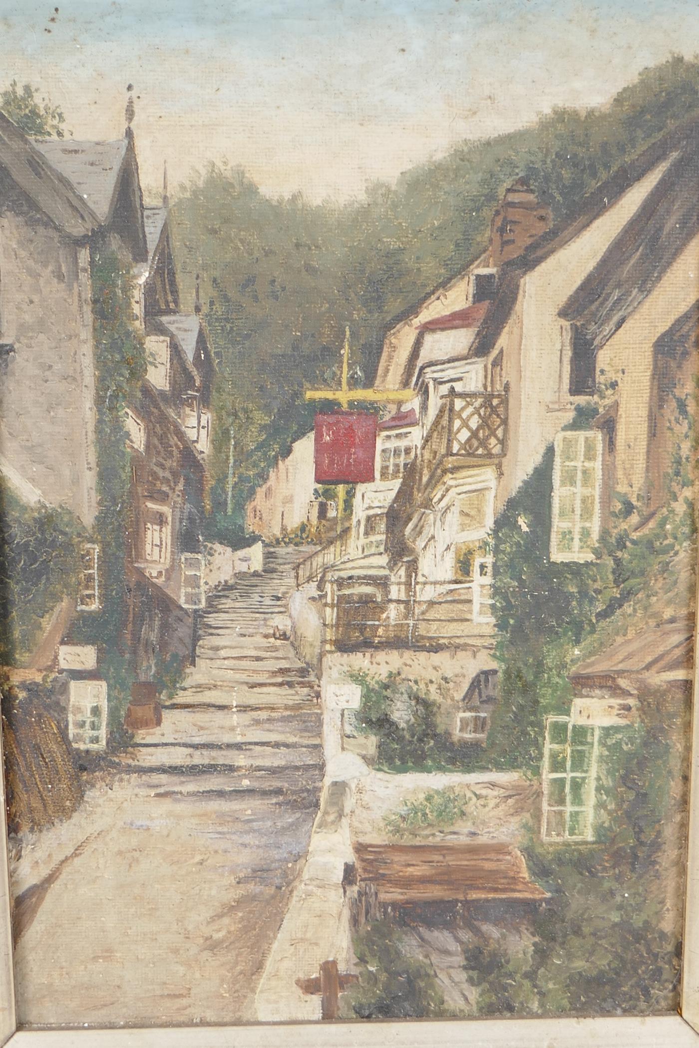 Steps through a village street, oil on panel, 7½" x 11½" - Image 2 of 3