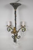 A wrought iron and crystal, 3 light electrolier. 20" long