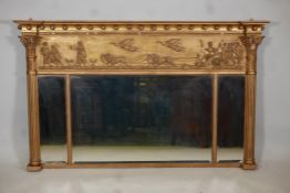 Regency triple plate overmantel mirror, with bevelled glass under a classical frieze and gilt ball