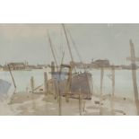 A harbour scene with moored boats, signed P.W. Steer, watercolour, 9" x 12"