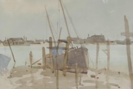 A harbour scene with moored boats, signed P.W. Steer, watercolour, 9" x 12"