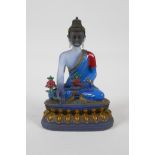 An enamelled Peking glass style figure of Buddha seated on a lotus throne, 4 character mark to base,