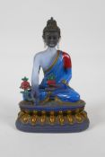 An enamelled Peking glass style figure of Buddha seated on a lotus throne, 4 character mark to base,