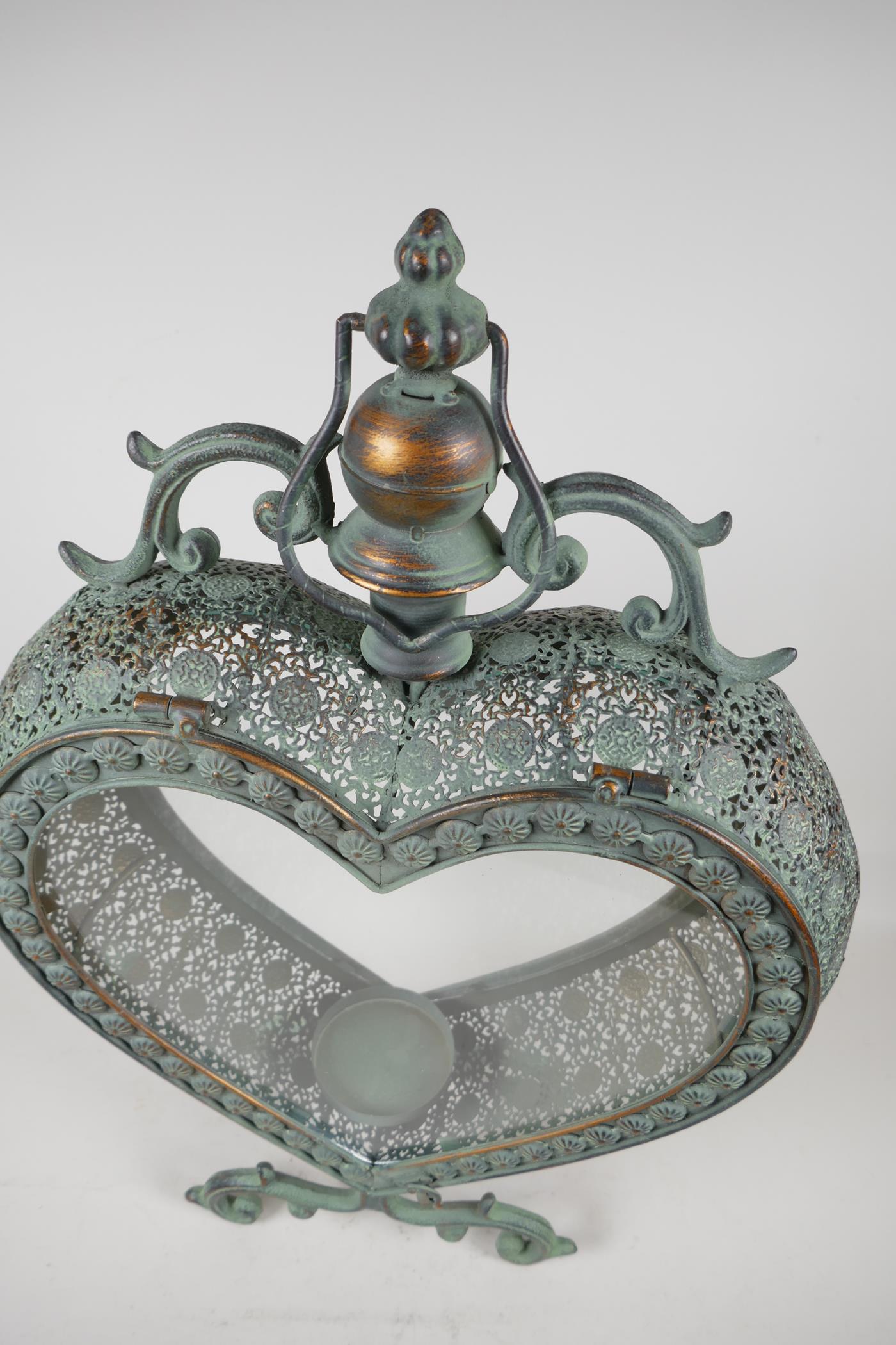 A heart shaped pierced metal & glass garden candle lantern, 21" high - Image 2 of 2