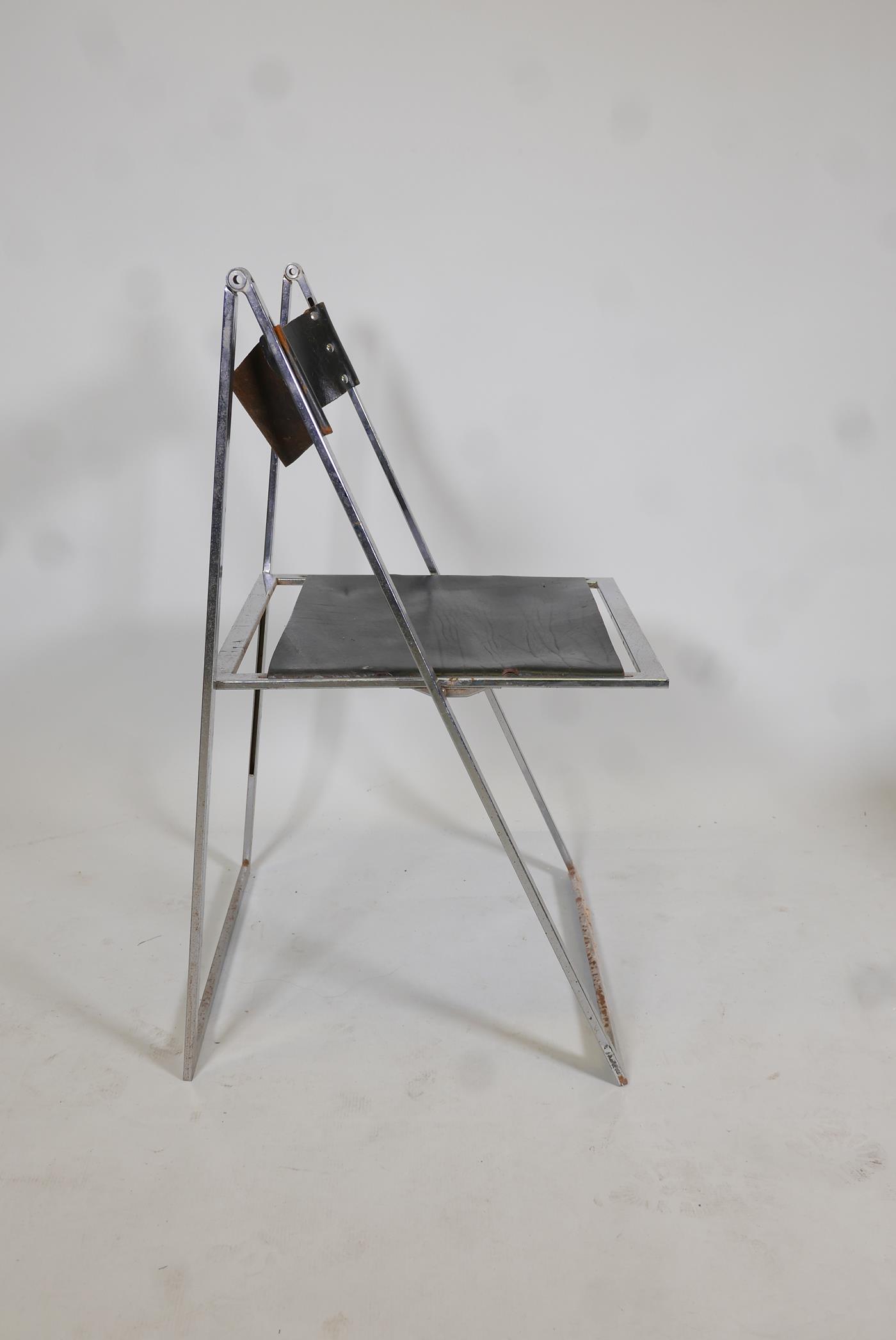 A pair of Italian mid century Elios chrome & leather folding chairs, designed by Fontoni & Geraci, - Image 4 of 6