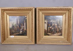 A pair of genre scenes, a knife grinder, and a hawker, oils on canvas, signed with a monogram,