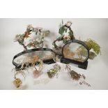 Two oriental framed sandalwood dioramas, and two hardstone bonsai trees, largest 14" high, and