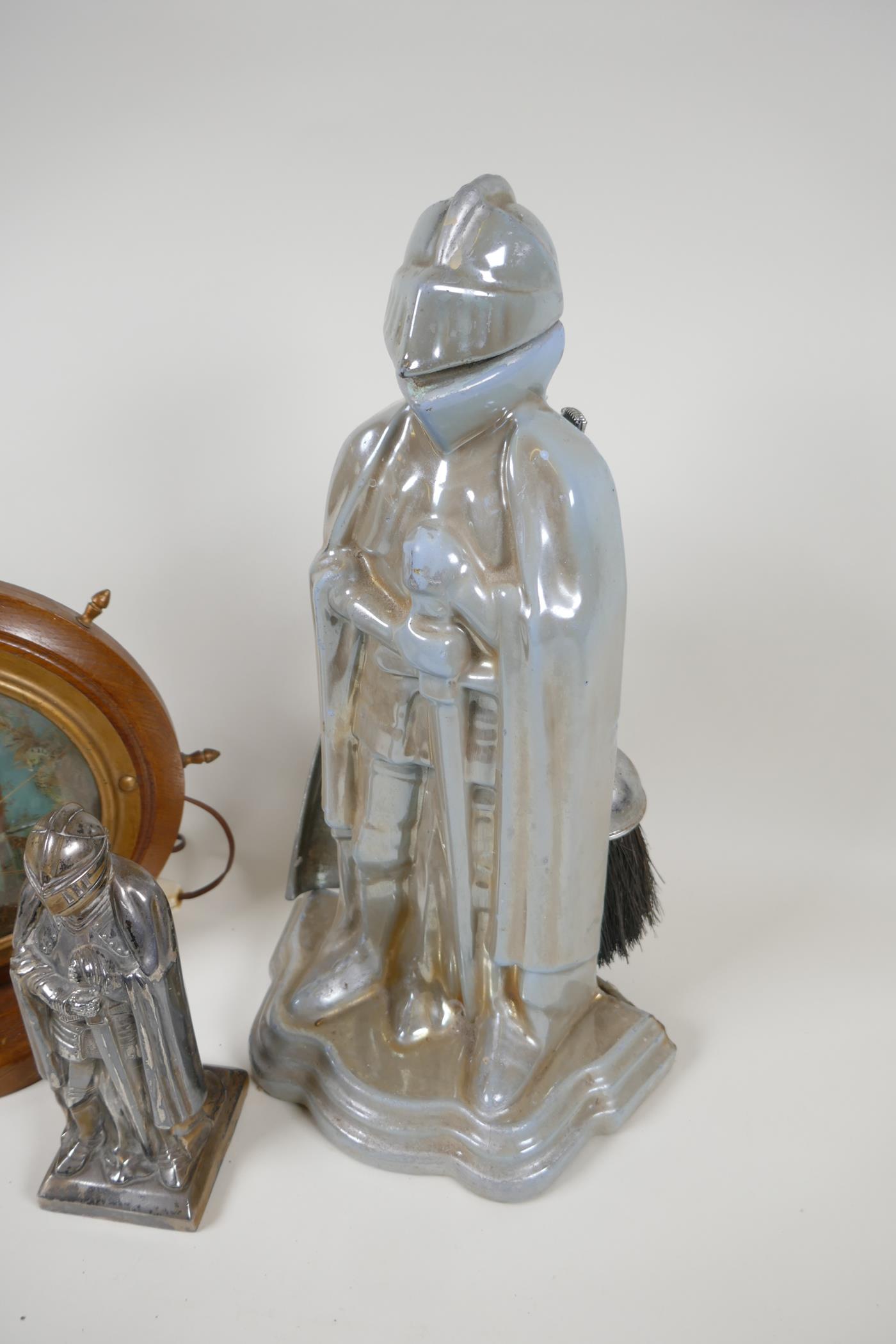 A fireside companion set, the stand cast as a knight in armour, 15" high, and a plated metal table - Image 3 of 4