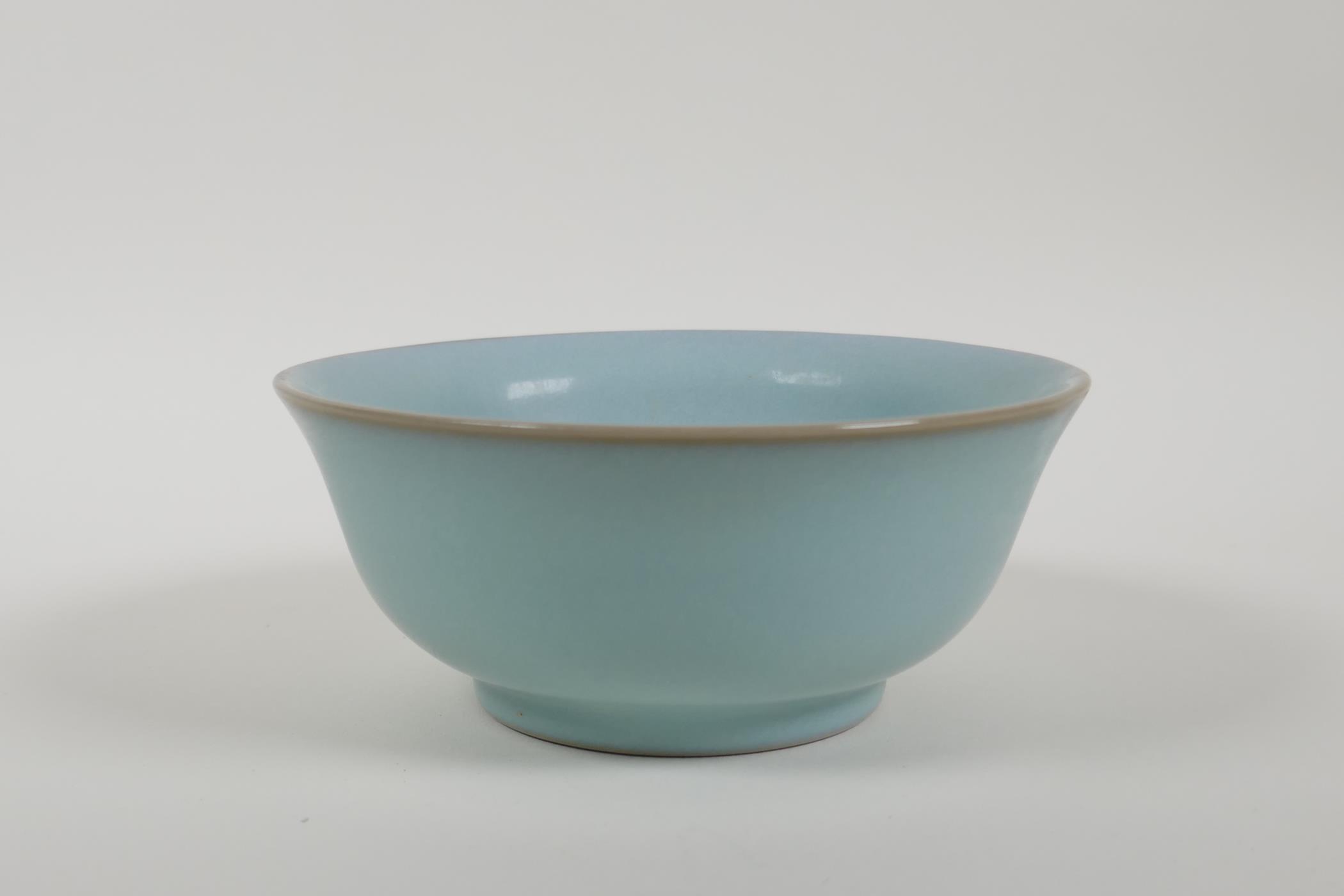 A Chinese celadon Ru ware style porcelain rice bowl, 5½" diameter