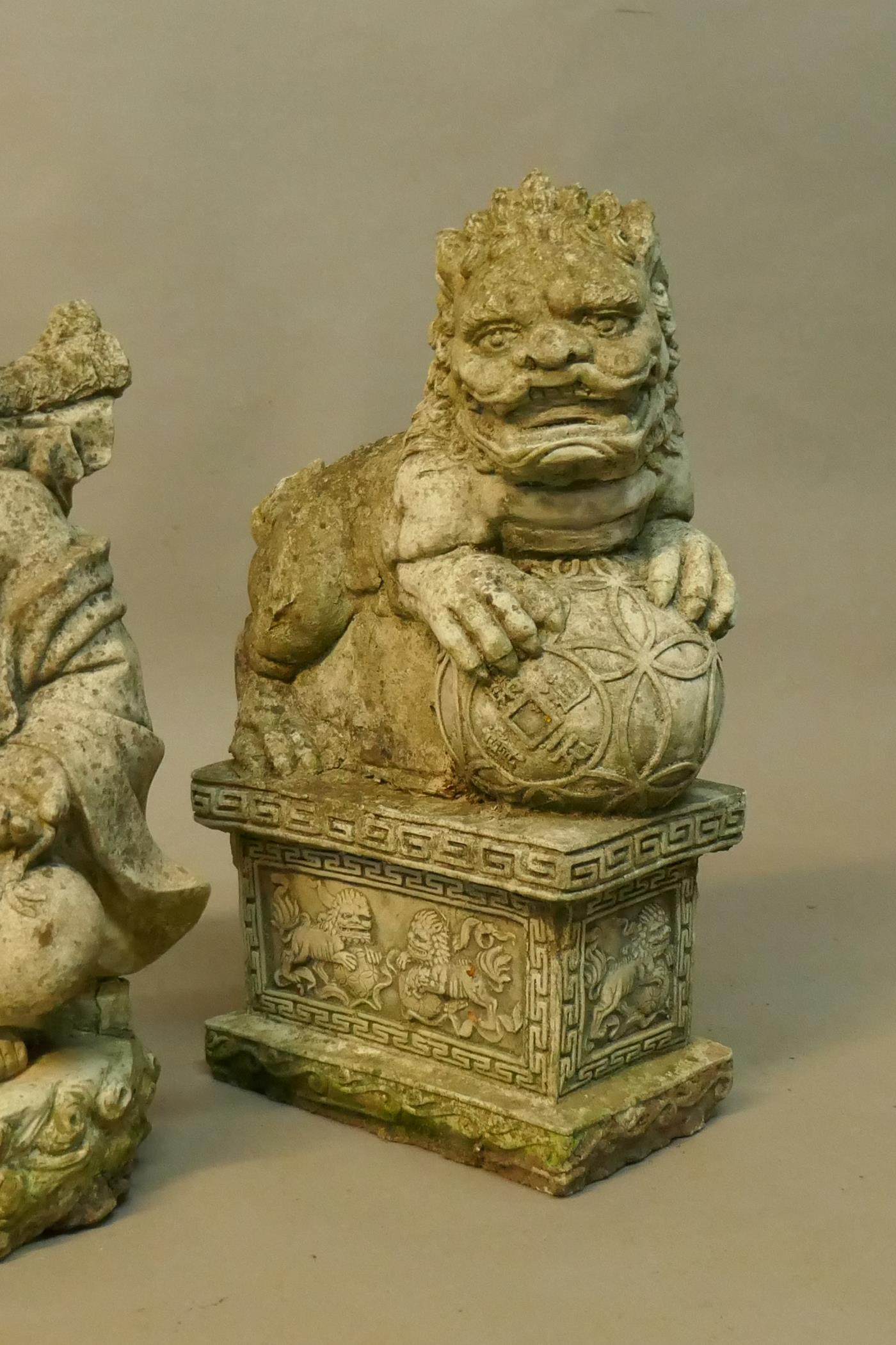 A concrete garden figure of a smiling Buddha and another of a temple dog, 20" high - Image 2 of 3