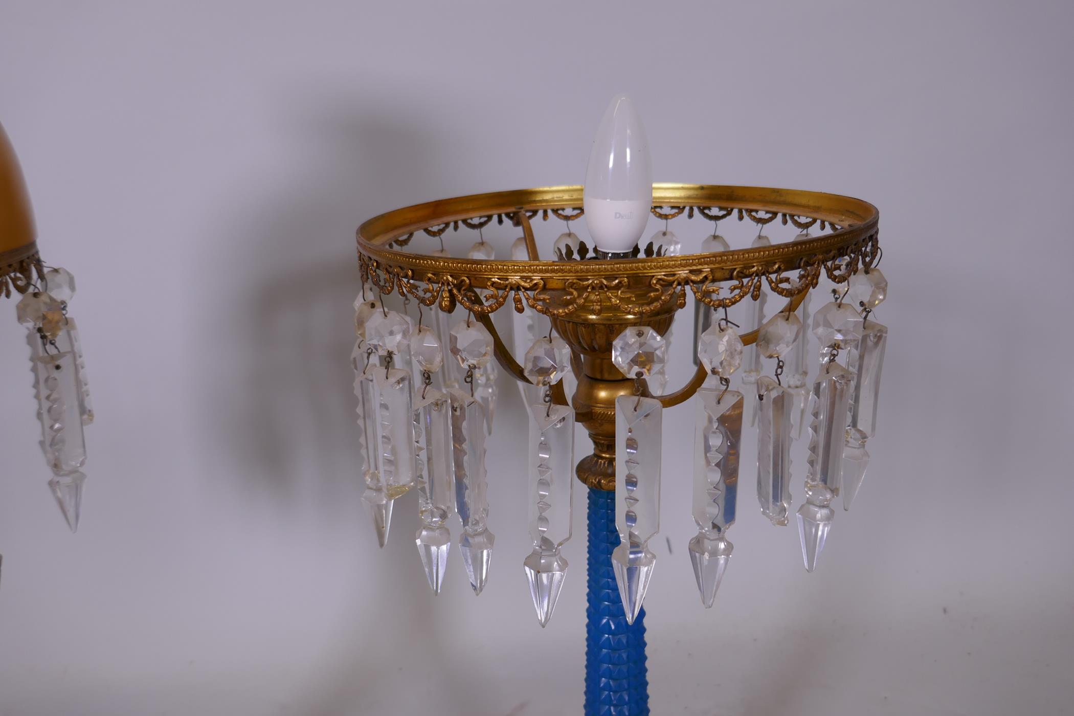 A pair of blue glass and brass mounted lustre table lamps, lacking a shade and seven drops, 26" high - Image 2 of 3