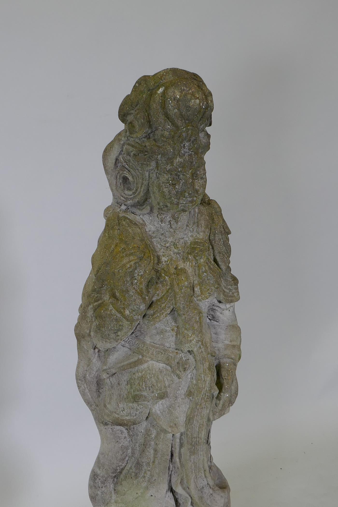 A concrete garden figure of the goddess Guan Yin, 41" high - Image 2 of 4