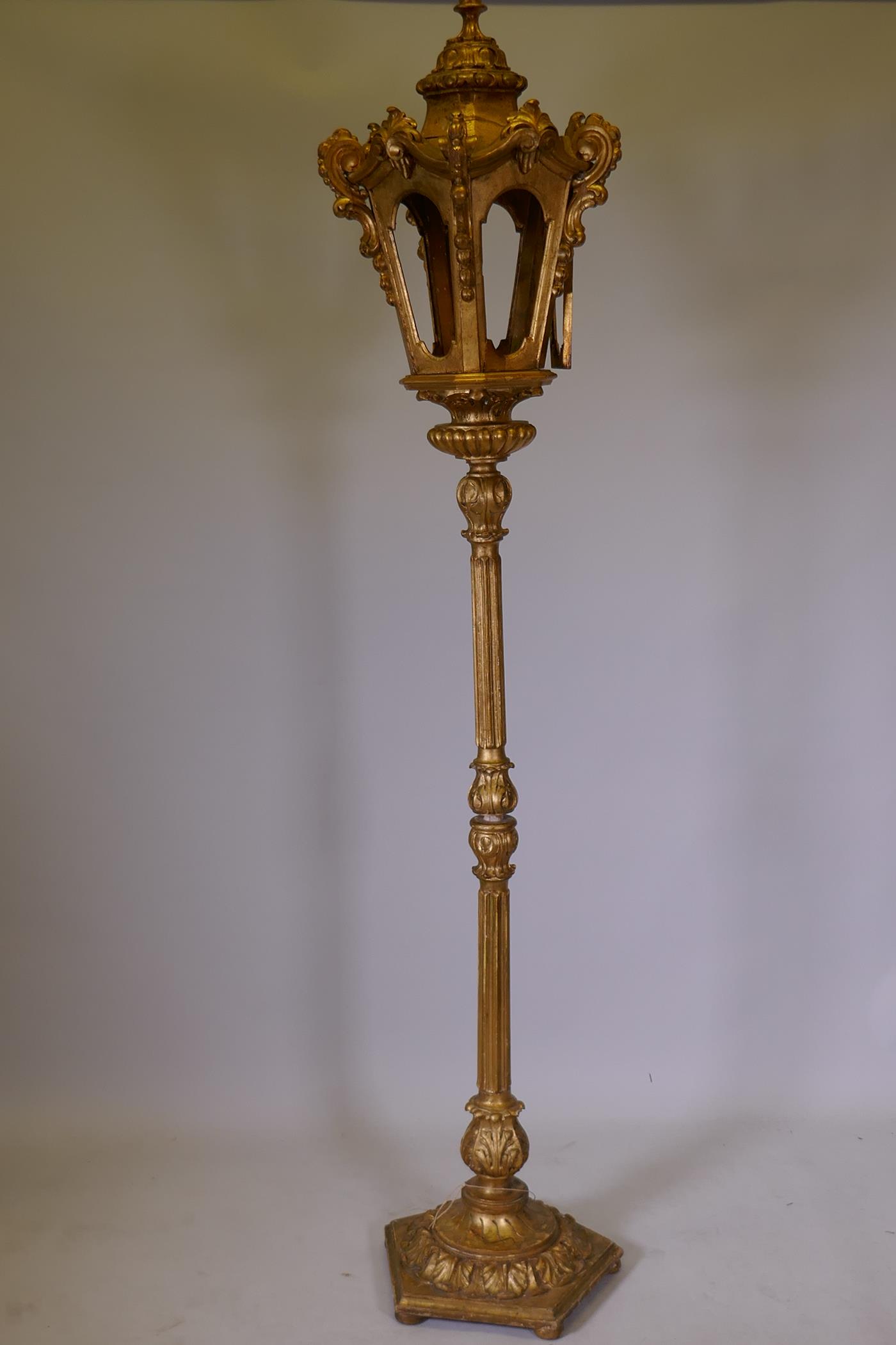 Italian giltwood floor lamp in the form of a lantern, mid C20th, 77" high