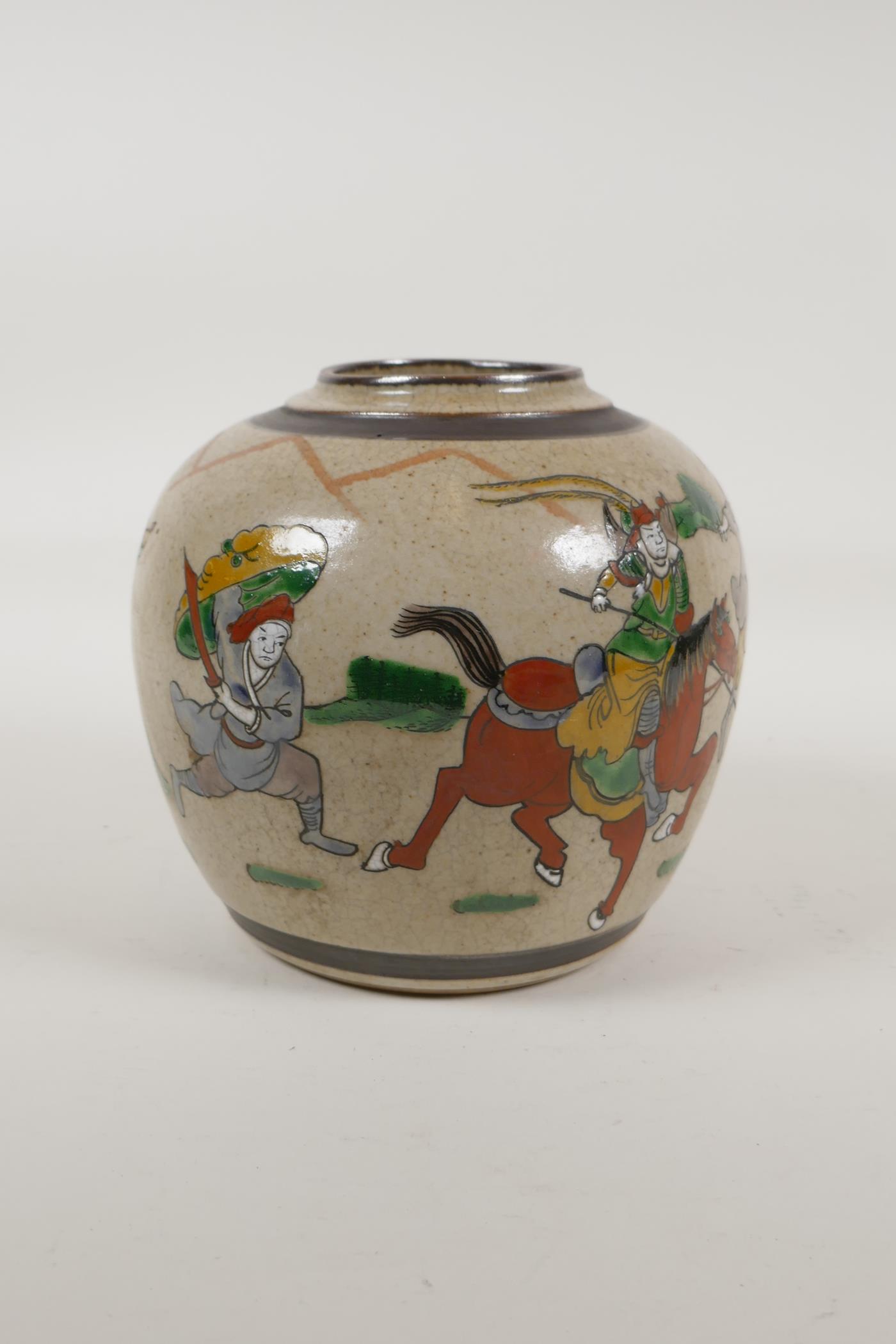 A Chinese crackleware jar with polychrome enamelled decoration of warriors, carved 4 character - Image 3 of 5