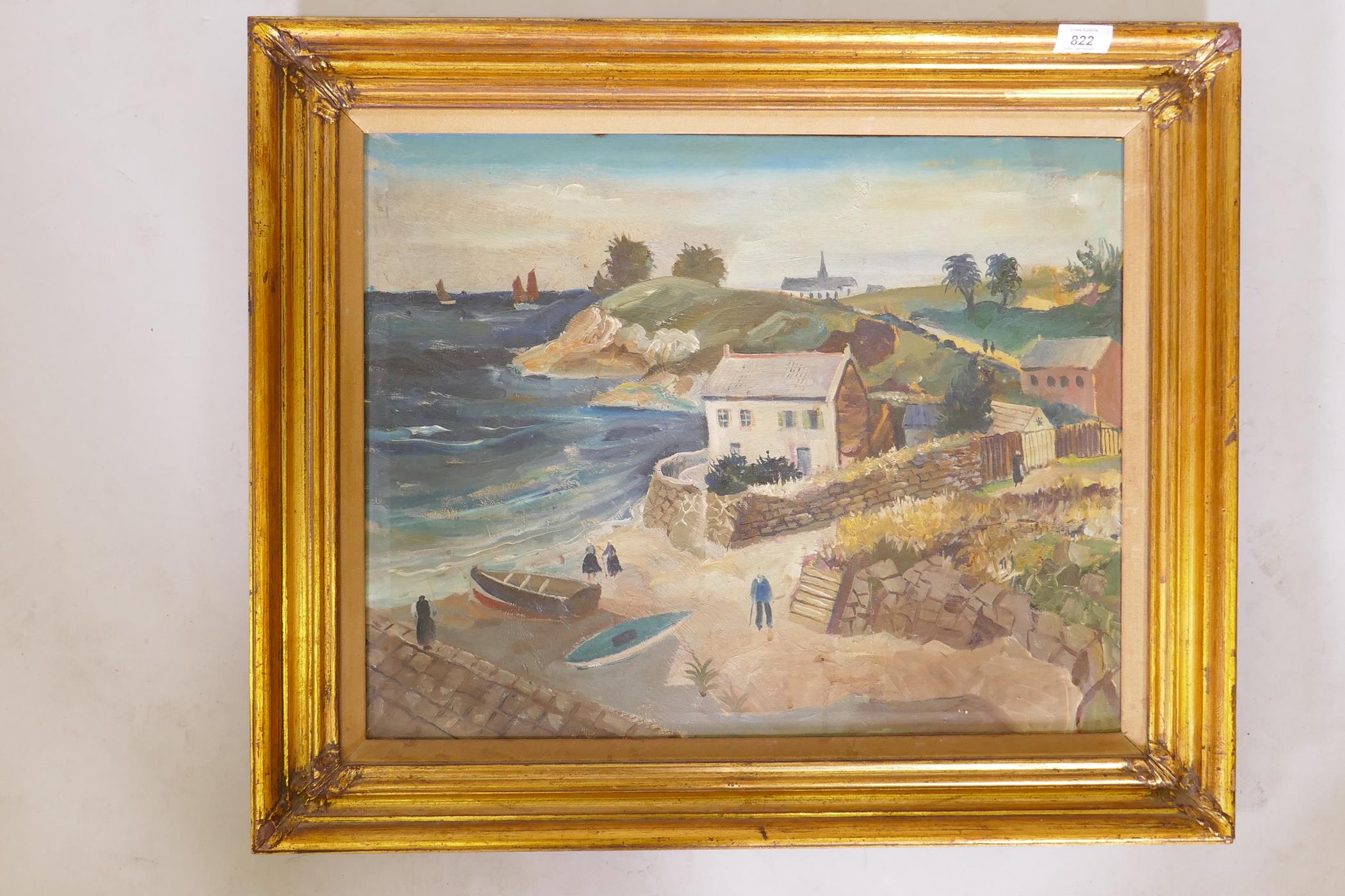 Naive landscape with coastal bay, unsigned, early C20th, oil on canvas, 22" x 17" - Image 2 of 3