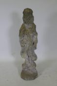 A concrete garden figure of the goddess Guan Yin, 41" high