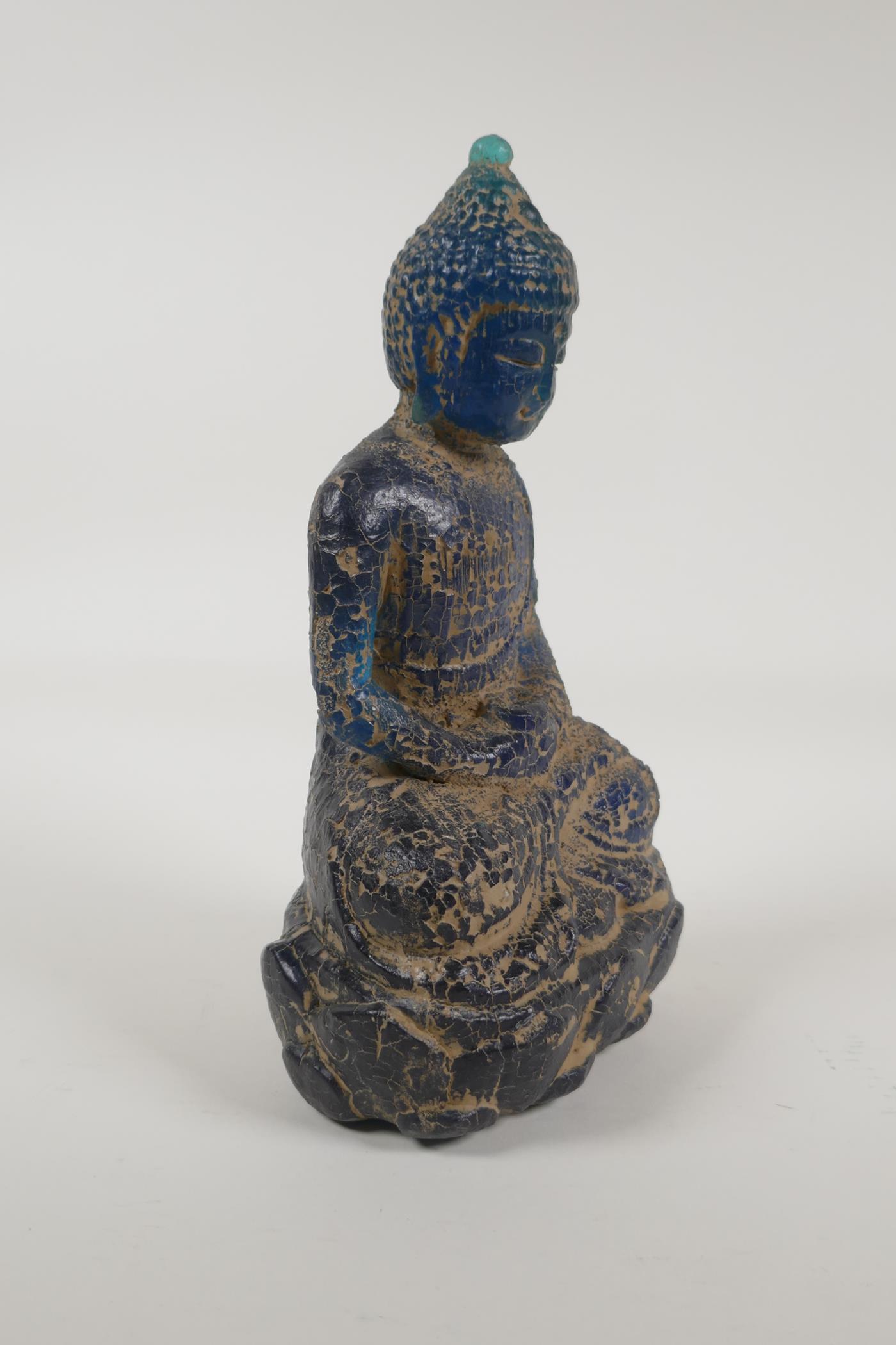 A Chinese archaic style blue composition figure of buddha with a distressed finish, 10" high - Image 2 of 3