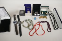 A quantity of good quality costume jewellery including amethyst, jade and jet necklaces, watches etc