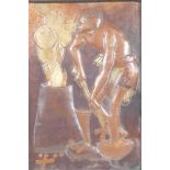 An African embossed copper and brass panel depicting a man stoking a fire barrel, 7" x 9½"