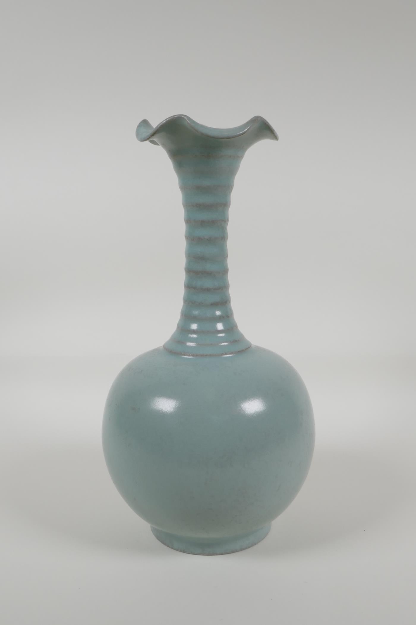 A Chinese Song style Ru ware glaze porcelain vase with ribbed neck and flared rim, marks to base, - Image 2 of 3
