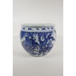 A blue and white porcelain jardiniere decorated with travellers, Chinese KangXi 6 character mark
