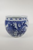 A blue and white porcelain jardiniere decorated with travellers, Chinese KangXi 6 character mark