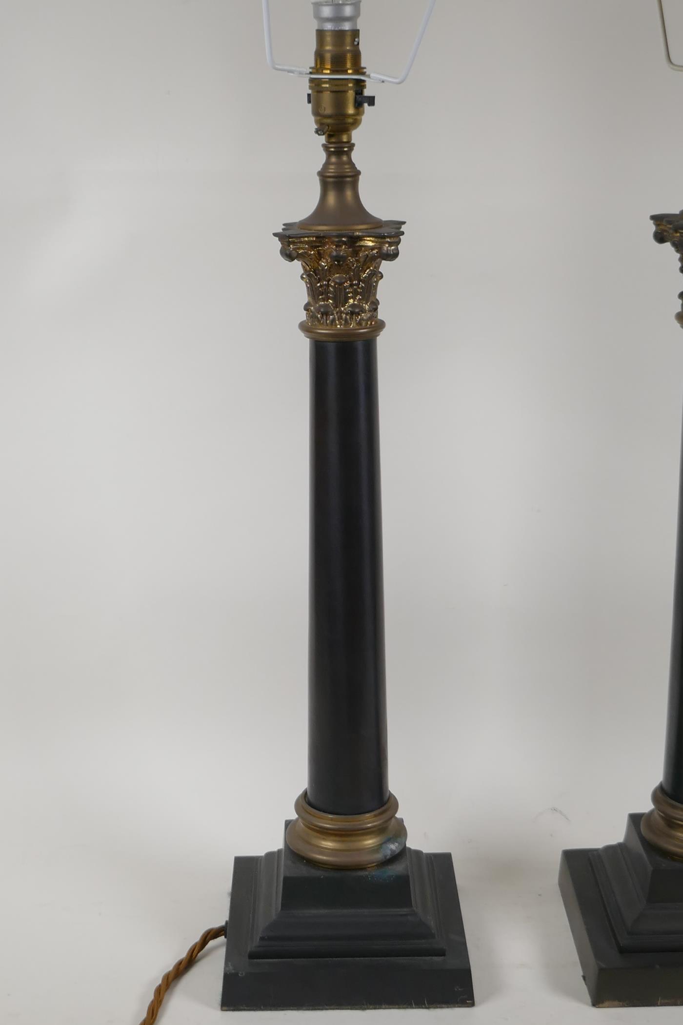A pair of ebonised metal and ormolu Corinthian column table lamps, 22" high - Image 2 of 3