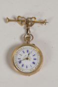 A 14ct gold pocket watch with enamel dial and 9ct gold brooch pin, 1" diameter