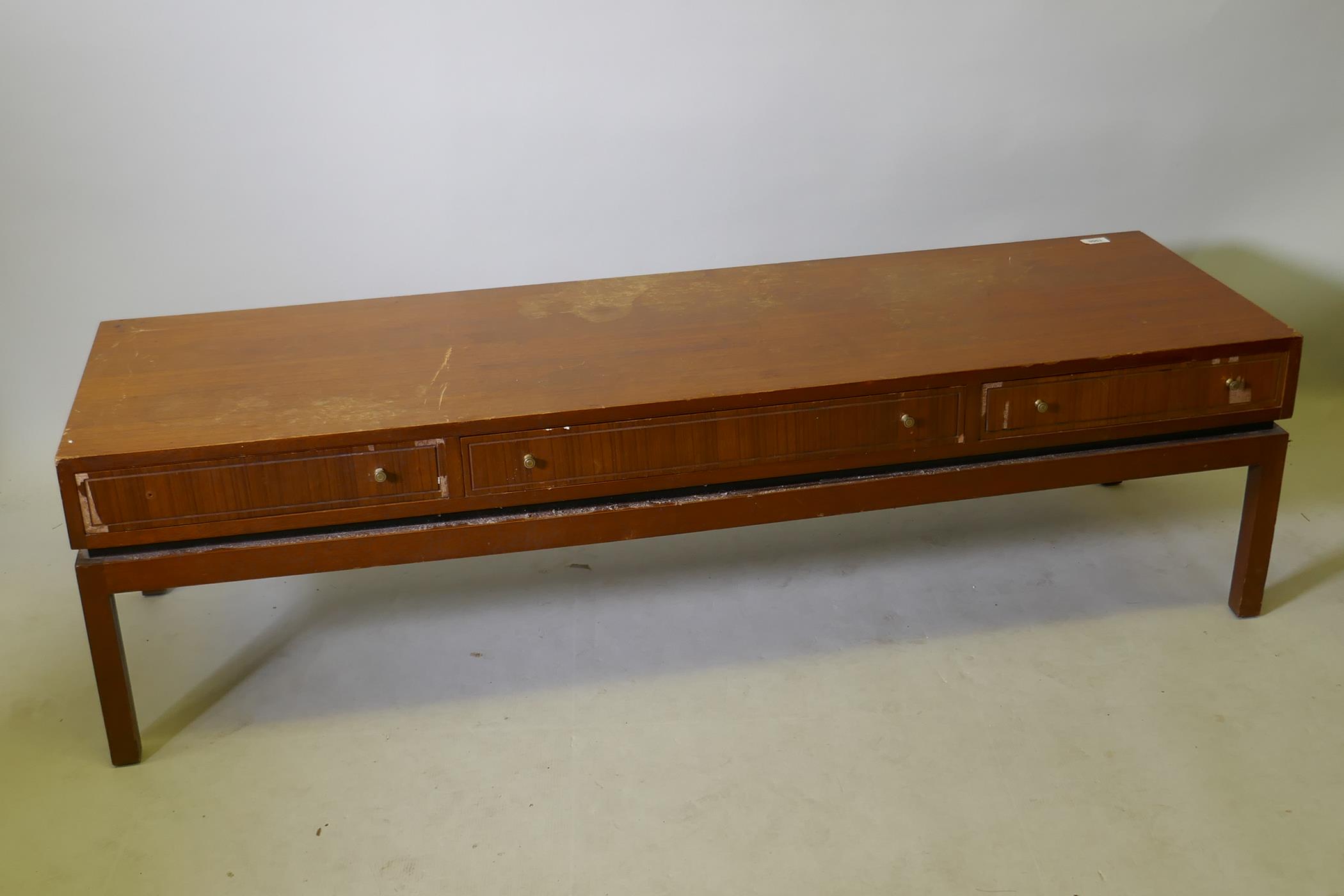 A mid century teak low table with three push/pull drawers, 59" x 18" x 16" - Image 4 of 5