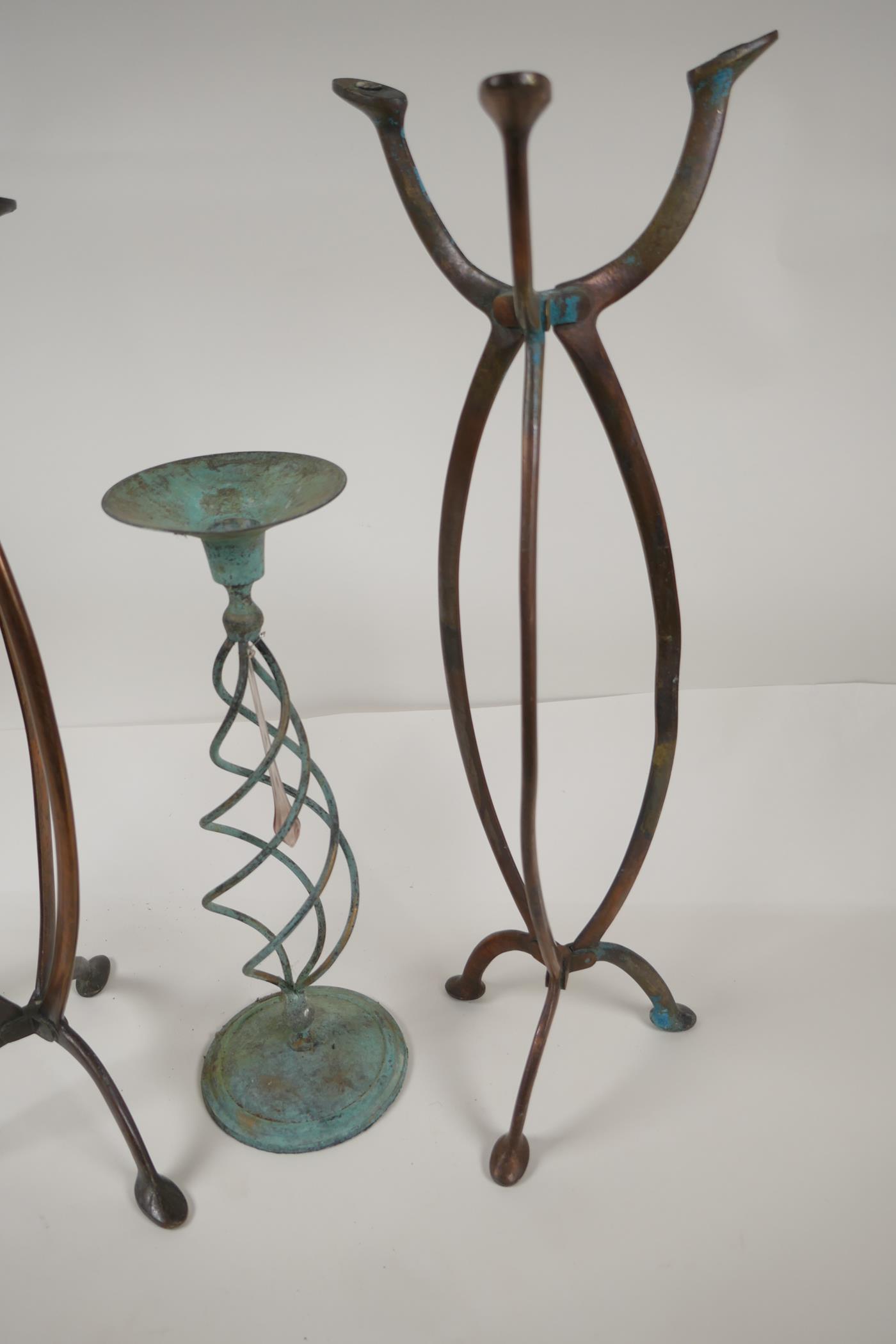 A pair of Art Nouveau bronze shop display stands from Harris and Sheldon, 18" high, and a pair of - Image 2 of 2